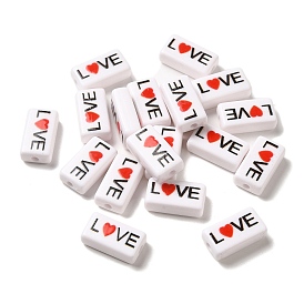 Spray Painted Opaque Acrylic Beads, Rectangle with Word Love