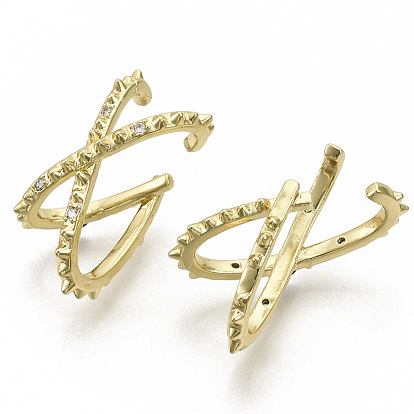 Brass Micro Pave Clear Cubic Zirconia Cuff Earrings, X Shape, Nickel Free, Clear