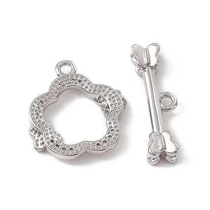 Brass Micro Pave Clear Cubic Zirconia Toggle Clasps, Flower with Butterfly