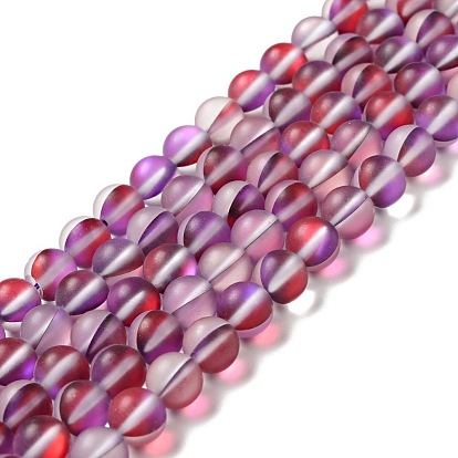 Brins de perles de pierre de lune synthétiques électrolytiques, teint, perles holographiques, demi couleur ab plaqué, givré, ronde