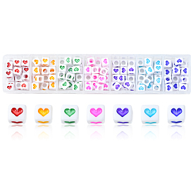 175Pcs 7 Colors White Opaque Acrylic Beads, Cube with Heart