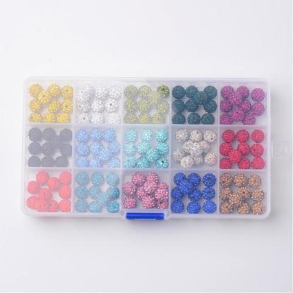Fifteen Color Pave Disco Ball Beads, Polymer Clay Rhinestone Beads, Round, 10mm, Hole: 1.5mm, 10pcs/color, about 150pcs/box