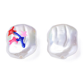 ABS Plastic Imitation Pearl Beads, with Enamel, Oval with Flower