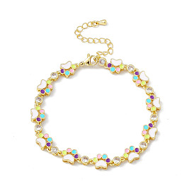 Brass Micro Pave Cubic Zirconia Chain Bracelets, Enamel Style Colorful Dog Paw Print Chain Link Bracelet for Women, with Chain Extender & Lobster Claw Clasp