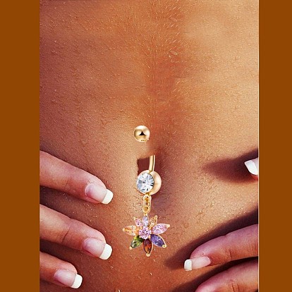 Brass Cubic Zirconia Navel Ring, Belly Rings, with 304 Stainless Steel Bar, Cadmium Free & Lead Free, Flower