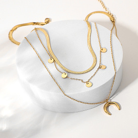 Collier serpent multicouche en acier inoxydable plaqué or k avec pendentif lune pour femmes - bijoux superposés à la mode