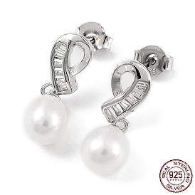 Boucles d'oreilles avec nœud papillon en zircone cubique et perles naturelles, 925 boucles d'oreilles en argent sterling pour femmes