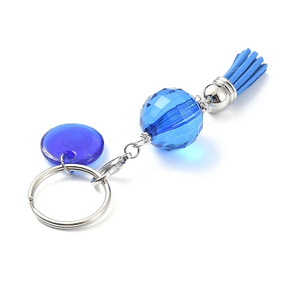 Lampwork Evil Eye Keychain, Faux Suede Tassel Keycahin, with Acrylic Beads, Iron Split Key Rings