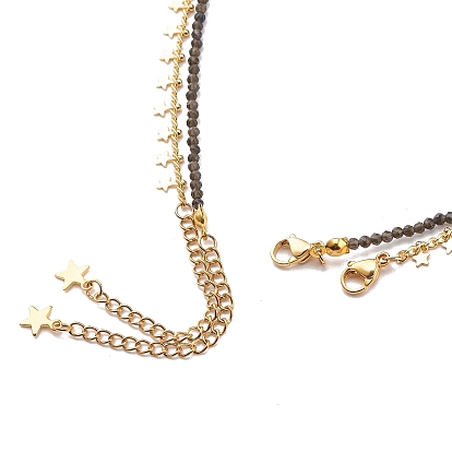 2 piezas 2 estilo 304 conjunto de collares colgantes de luna y estrella de acero inoxidable, collares de cuentas redondas de obsidiana natural con cadenas de latón para mujer