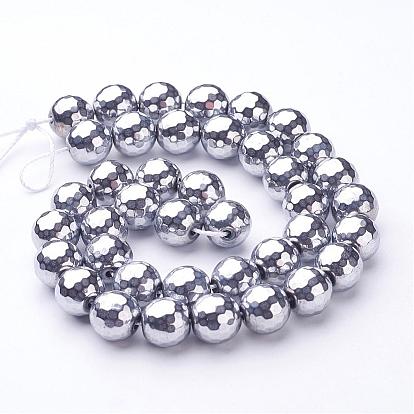 Non-Magnetic Synthetic Hematite Beads Strands, Faceted Round, 10mm, Hole: 1mm, about 40pcs/strand, 15.9 inch