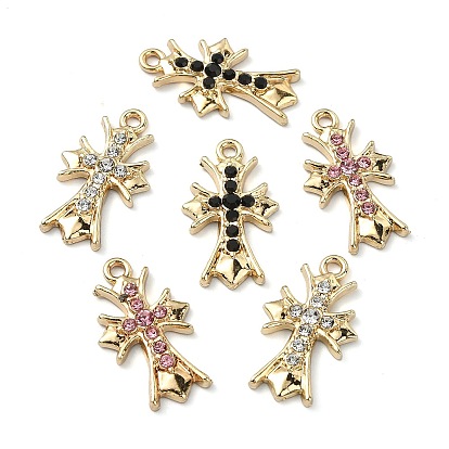 Golden Rack Plating Alloy Rhinestone Pendants, Nickel Free, Cross Charm, Religion