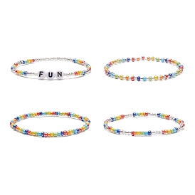 4Pcs 4 Style Word Fun Acrylic & Glass Seed Beaded Stretch Bracelets Set for Women