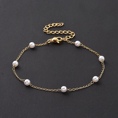 Bracelets ronds en perles d'imitation en plastique, avec placage sous vide 304 gourmettes en acier inoxydable, blanc