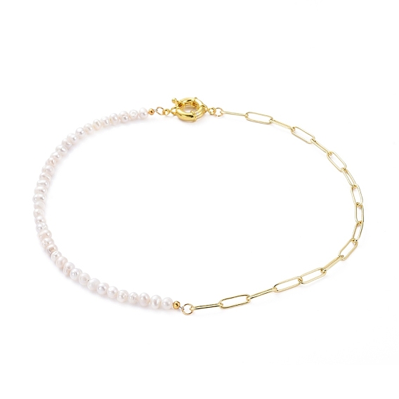 Chain Necklaces, with Grade A Natural Cultured Freshwater Pearl Beads, Brass Paperclip Chains and Spring Ring Clasps