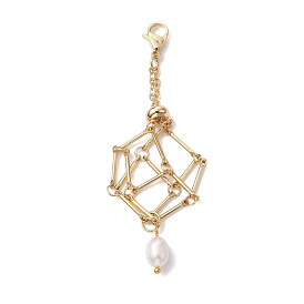 Brass Macrame Pouch Empty Stone Holder Pendant Decoration, with 304 Stainless Steel Clasps and Natural Cultured Freshwater Pearl