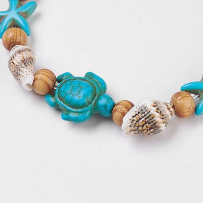 Bracelets ronds en bois, avec du turquoise synthétique teint (teint) et des perles en spirale, tortue et étoile de mer / étoiles de mer