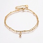 304 Stainless Steel Cable Chain Bracelets, Multi-strand Bracelets, with Rhinestone, Lobster Claw Clasps, Flat Round, Golden