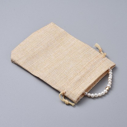 Stretch Bracelets, with Brass Beads, Grade A Natural Freshwater Pearl Beads and Burlap Packing Pouches Drawstring Bags, Flat Round