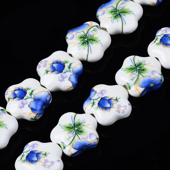 Hebras de cuentas de cerámica de porcelana hecha a mano, flor impresa, flor