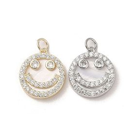 Brass Pendants Pave Shell, with Clear Cubic Zirconia, Round with Smiling Face