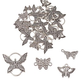 32Pendentifs en alliage de pièces et connecteurs de liens, avec zircons, pour bijoux collier bracelet boucle d'oreille fabrication artisanat, papillon