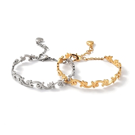 304 Stainless Steel Leafy Branch Bangles with Heart Charms, with Safety Chains