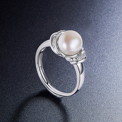 Anillo de dedo de plata de ley shegrace 925, Micro pavimento aaa nudo de circonio cúbico con perla de agua dulce, 18 mm