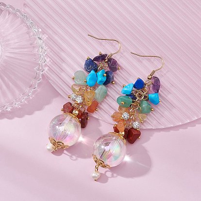 Boucles d'oreilles pendantes en pierres précieuses naturelles chakra, avec perles acryliques transparentes et placage ionique (ip) 304 crochets de boucles d'oreilles en acier inoxydable