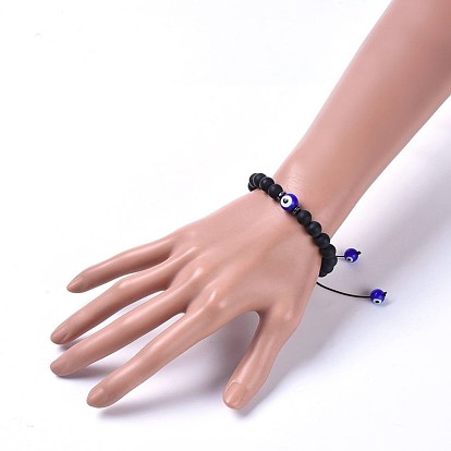 Bracelets de perles de nylon tressés réglables, quelques bracelets pour hommes, avec mauvais œil au chalumeau et agate noire naturelle (teinte), non-magnétiques perles synthétiques d'hématite, cordon en caoutchouc tubulaire en PVC