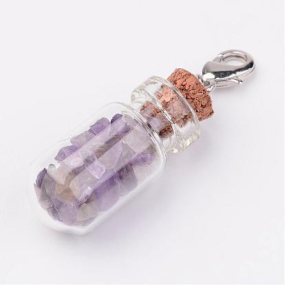 Glass Bottle Pendants, with Gemstone Chip Beads and Brass Lobster Claw Clasps, Platinum