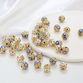 Brass Micro Pave Clear Cubic Zirconia Beads, with Enamel, Golden, Round with Evil Eye