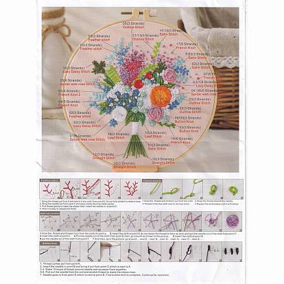 Kit de broderie de motif de bouquet de bricolage, y compris cadre imitation bambou, broches de fer, chiffon, fils colorés