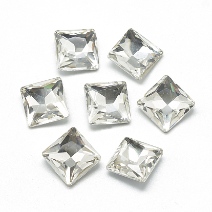Pointed Back Glass Rhinestone Cabochons, Back Plated, Faceted, Square