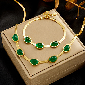 Ensemble bracelet et collier en chaîne d'os de serpent vert vintage