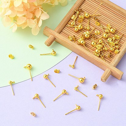 30Pcs 3 Size Iron Stud Earring Findings, Ball Stud Earring Post, with Horizontal Loops