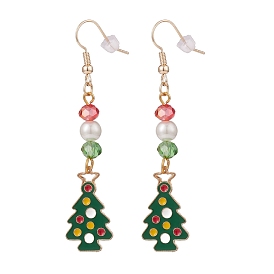 Enamel Christmas Tree with Glass Pearl Dangle Earrings, Gold Plated Brass Jewelry for Women