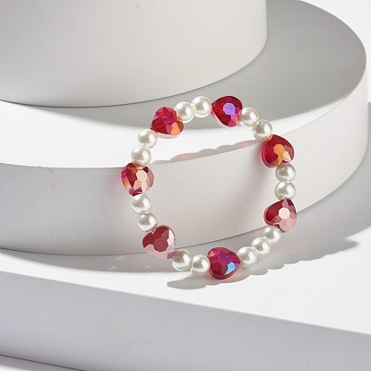 Sparkling Heart Glass Beads Stretch Bracelet for Children, Two Tone Glass Beads Bracelet, White