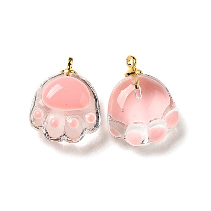 Transparent Glass Pendants, with Golden Tone Alloy Loops and Enamel, Cat Paw