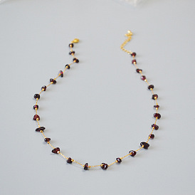 Handmade French-style irregular purple-red pomegranate stone minimalist temperament clavicle chain necklace.