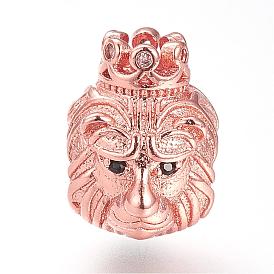 Brass European Beads, with Cubic Zirconia, Lion
