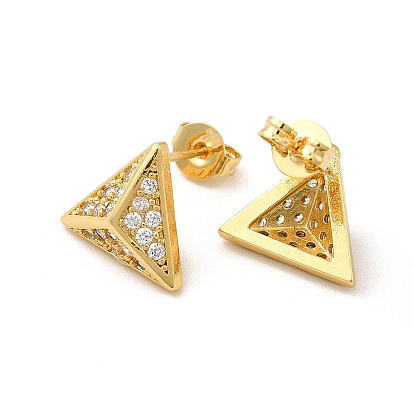 Rack Plating Brass Micro Pave Clear Cubic Zirconia Triangle Stud Earrings, Long-Lasting Plated, Lead Free & Cadmium Free