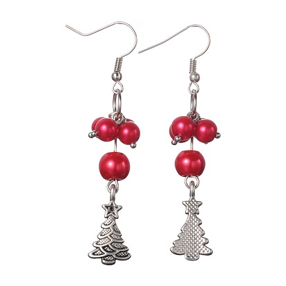 Mixed Christmas Theme Tibetan Style Alloy Dangle Earrings, with Glass Pearl Beads and Brass Earring Hooks, 62~65mm, Pin: 0.6mm