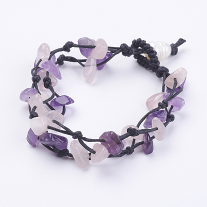 Bracelets multi-brins en pierres naturelles réglables, bracelets de fil de nylon, avec quartz rose naturel et perles de nacre