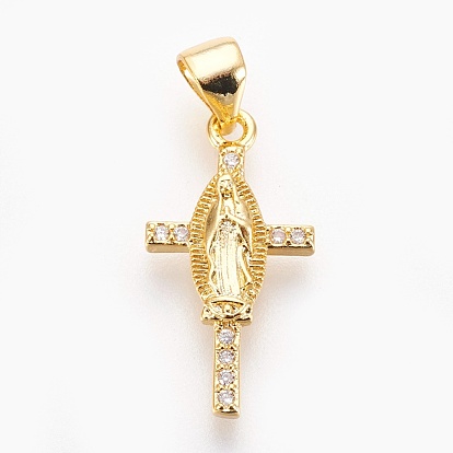 Brass Micro Pave Cubic Zirconia Pendants, Lead Free & Cadmium Free & Nickel Free, Long-Lasting Plated, Cross with Virgin Mary, Clear