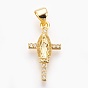 Brass Micro Pave Cubic Zirconia Pendants, Lead Free & Cadmium Free & Nickel Free, Long-Lasting Plated, Cross with Virgin Mary, Clear