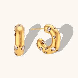 Irregular Vintage Zircon Inlaid Chunky C-shaped Earrings Stainless Steel 18K Plated Ear Studs Jewelry