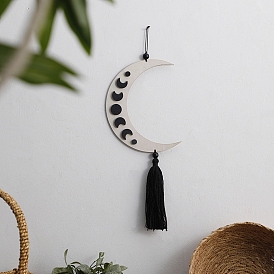 Bohemian Wooden Moon Phases Wall Hanging Decorations, with Tassel for Home Living Room Decorations
