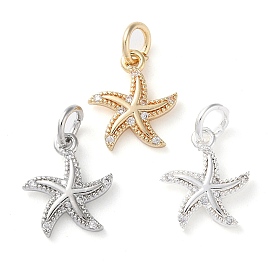 Rack Plating Brass Micro Pave Clear Cubic Zirconia Charms, Long-Lasting Plated, with Jump Rings, Starfish