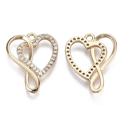 Brass Micro Pave Cubic Zirconia Pendants, Long-Lasting Plated, Heart & Infinity, Light Gold