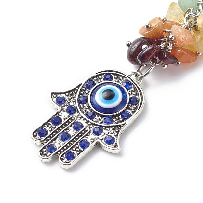Gemstone Chips Cluster Pendant Decoration, Hamsa Hand with Evil Eye Lobster Clasp Charms, Clip-on Charms, for Keychain, Purse, Backpack Ornament